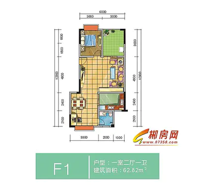 裕泰铭都9号栋F1户型62㎡一房