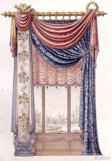 一组精致的法式古董窗帘手绘图